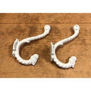 TWO White Cast Iron Rope Wall Hooks 01209